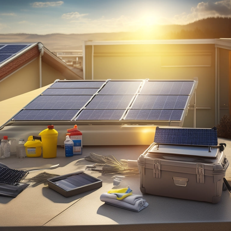 A photorealistic image of a solar panel array on a rooftop, with one panel slightly tilted open, revealing dust and debris accumulation, and a nearby toolbox with cleaning supplies and a soft-bristled brush.