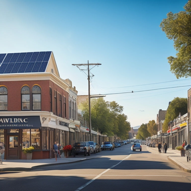 A serene, sun-drenched Main Street scene: quaint storefronts, bustling with shoppers, flanked by sleek, black solar panels installed atop rooftops, amidst a bright blue sky with fluffy white clouds.