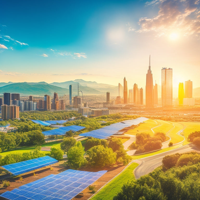 A vibrant city skyline with solar panels on rooftops, wind turbines on hills, and electric vehicle charging stations, surrounded by lush greenery and clear blue skies, showcasing a harmonious blend of nature and technology.