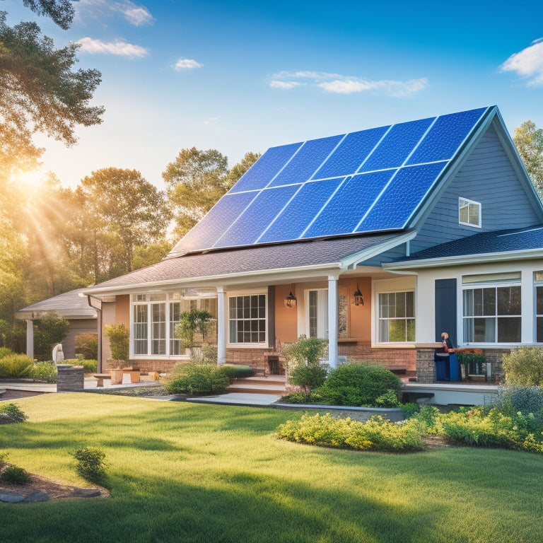 A sunlit suburban home adorned with sleek solar panels, surrounded by lush greenery, with a family happily installing the panels, and a bright blue sky overhead showcasing the promise of renewable energy.