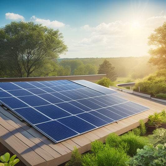 An illustration of a sunny day with a clean and well-maintained solar panel installation on a rooftop, with a few panels slightly angled for cleaning, surrounded by minimal debris and lush greenery.