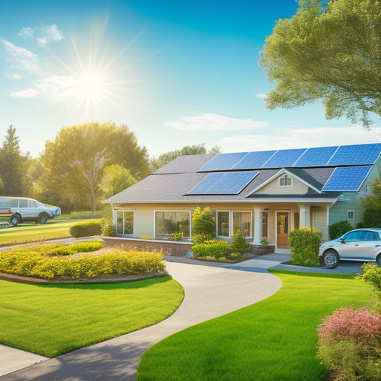 A serene suburban landscape featuring solar panels on rooftops, wind turbines gently spinning in the distance, lush green gardens with native plants, and a small electric vehicle charging in a driveway under a clear blue sky.