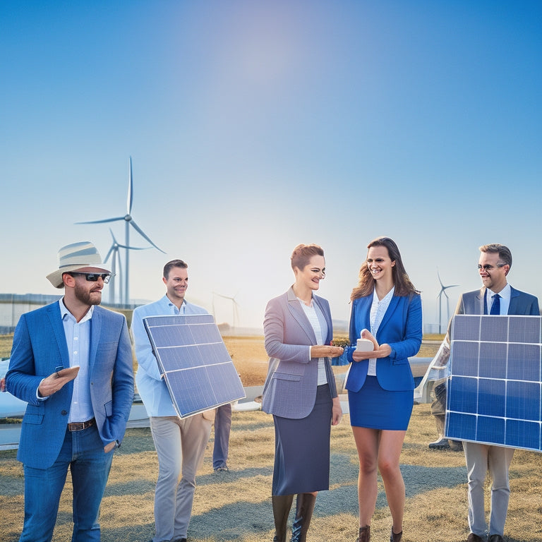A vibrant solar panel farm under a bright blue sky, with wind turbines in the background. A diverse group of business people, including a woman examining blueprints, showcasing innovation and collaboration in renewable energy projects.