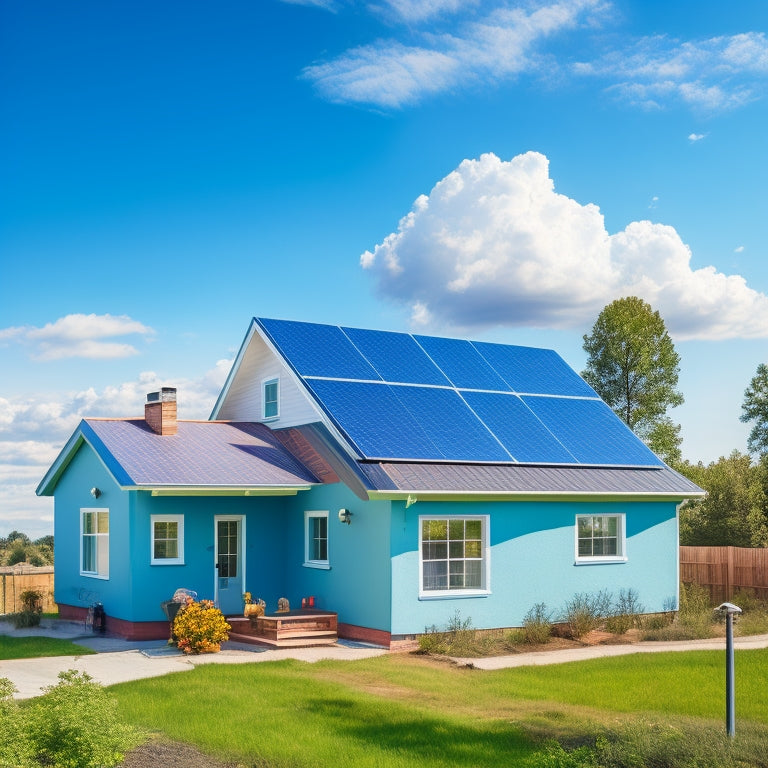 A bright blue sky with a few white, puffy clouds, and a small, cozy house with a roof covered in three different types of solar panels, each with a distinct design and color scheme.