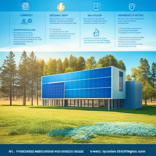 A modern office building with solar panels on the roof, surrounded by green trees, an infographic of financing options illustrated with icons like a dollar sign, calculator, and a bank, set against a clear blue sky.