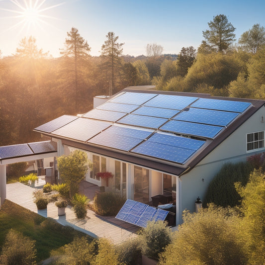 A sunlit rooftop with neatly arranged solar panels, a clear blue sky above, and green trees in the background, showcasing modern, efficient solar technology integrated into a residential home.