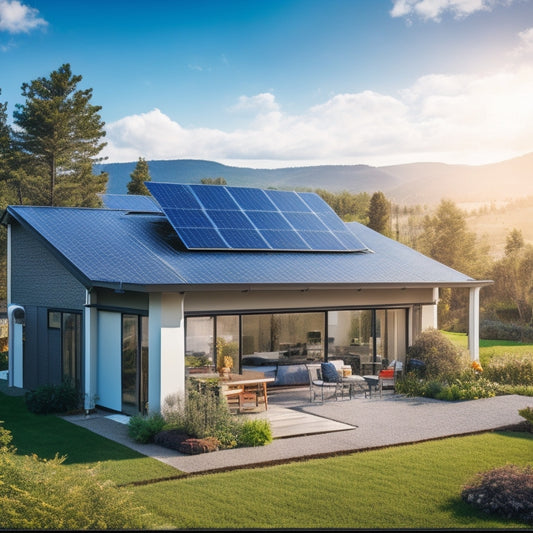 A cozy modern home with solar panels on the roof, wind turbines in the background, a lush garden, and a rainwater harvesting system, all under a bright blue sky filled with fluffy clouds.