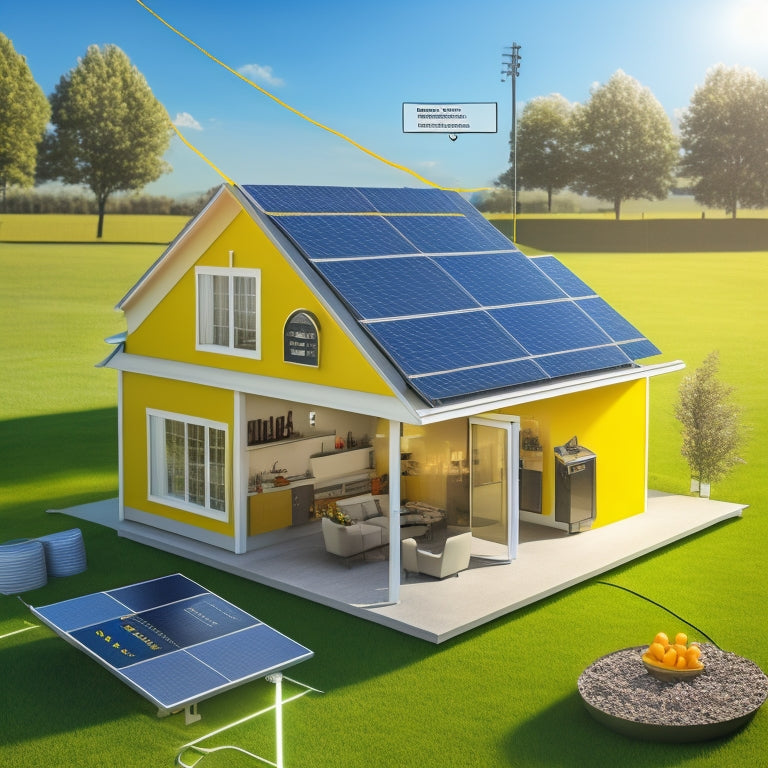 A diagram showcasing a house with solar panels on the roof, wires connecting to an inverter, a meter, and a battery, with arrows indicating energy flow and a bright sunny background.