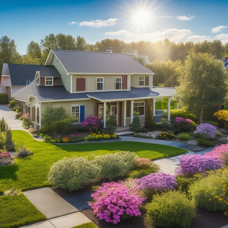 A serene, sunlit suburban neighborhood with 7 houses, each featuring a unique solar panel installation, surrounded by blooming flowers, greenery, and a few scattered leaves, conveying eco-friendliness and cost-effectiveness.