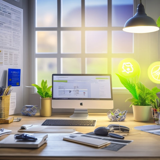 An illustration of a small business office with energy-efficient light bulbs, a recycling bin, and a laptop displaying a dashboard with decreasing energy usage graphs, surrounded by popular brand logos.