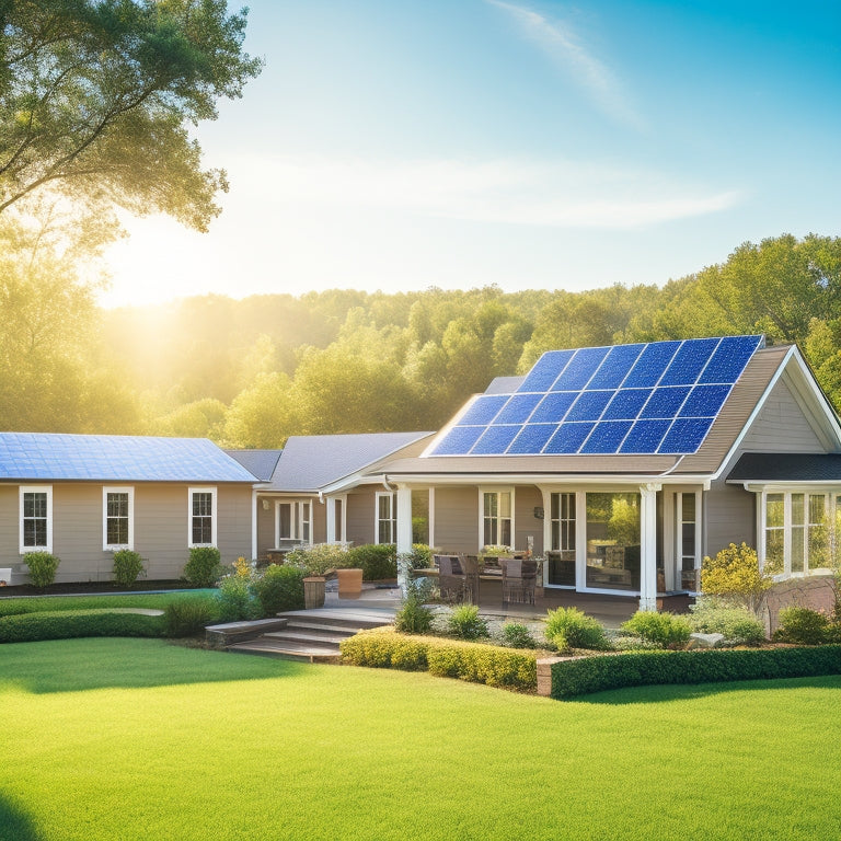 A serene suburban landscape with solar panels glistening under the sun, surrounded by lush greenery, a cozy home with a lowered energy bill displayed on a digital screen, and a bright blue sky above.