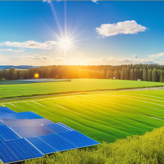 A serene landscape with solar panels glistening under the sun, surrounded by lush greenery. In the foreground, a modern energy storage system with glowing indicators, symbolizing long-term energy savings. Clear blue sky above.