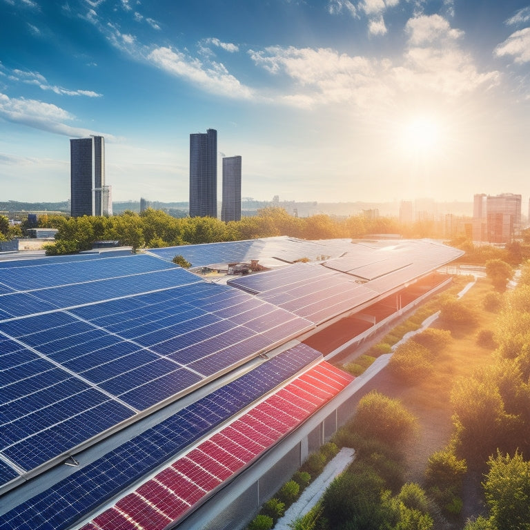 A futuristic solar panel array glistens under sunlight, integrated with greenery, alongside sleek, modern buildings. Vibrant solar rooftops and transparent solar windows reflect a bright blue sky, showcasing harmony between technology and nature.