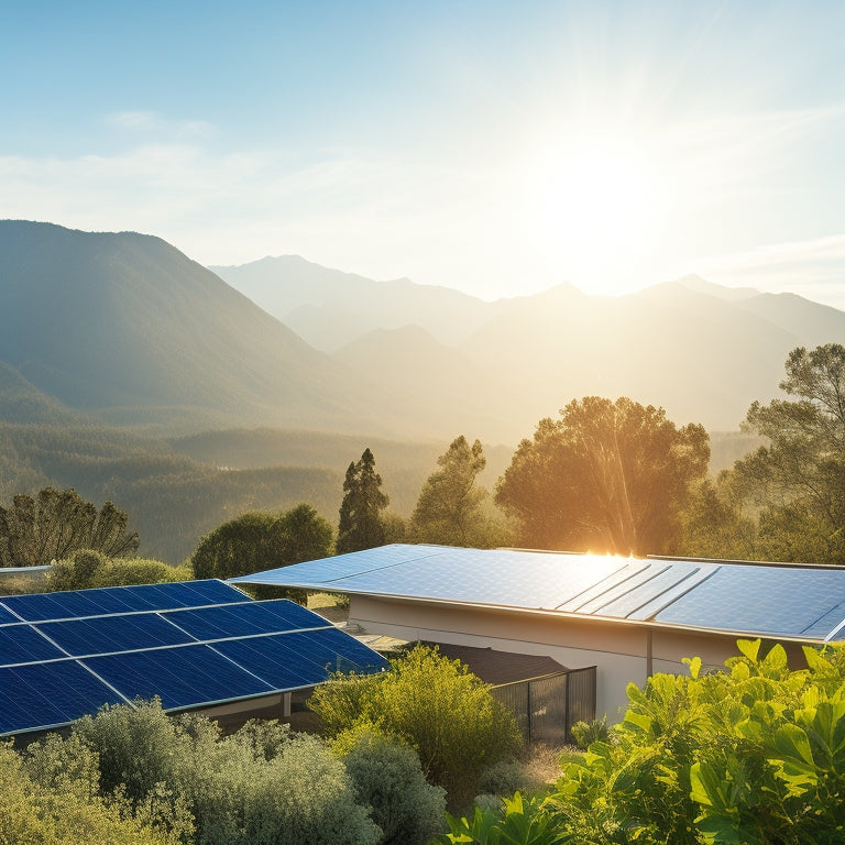 A serene rooftop scene showcasing sleek solar panels glistening under the sun, surrounded by lush greenery, with a clear blue sky and mountains in the background, highlighting energy efficiency and sustainability.