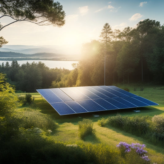 A serene landscape with a modern, sleek solar panel array in the foreground, surrounded by lush greenery, with a subtle gradient of blue to green in the background, evoking a sense of eco-friendliness.