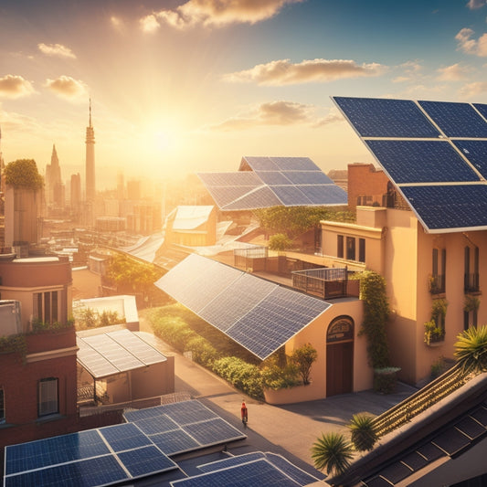 An illustration of a cityscape with a mix of traditional and modern buildings, featuring solar panels on rooftops, greenery-covered walls, and a bright yellow sun shining down, surrounded by gentle, swirling wind patterns.