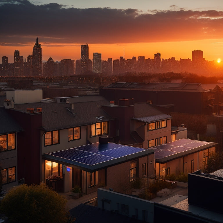 A serene urban landscape at dusk with sleek, black solar panels installed on rooftops, amidst a mix of modern and traditional buildings, with a subtle sun setting behind a cityscape silhouette.