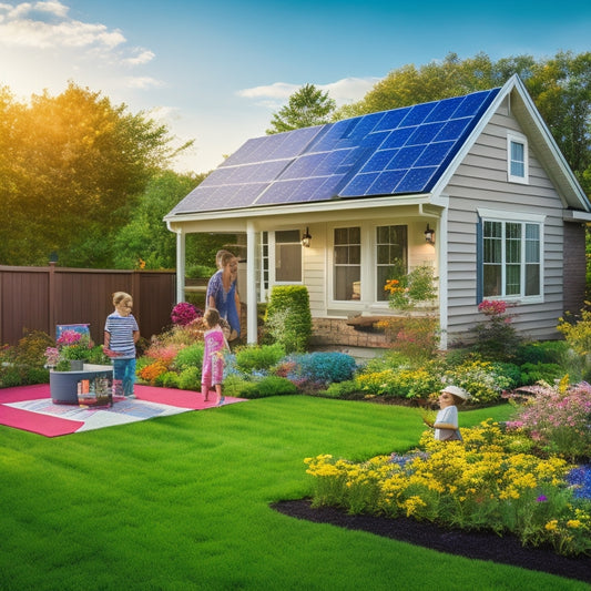 A bright suburban backyard featuring a sleek solar panel array atop a modern home, surrounded by lush greenery and colorful flowers, with children playing nearby, embodying a harmonious blend of technology and nature.