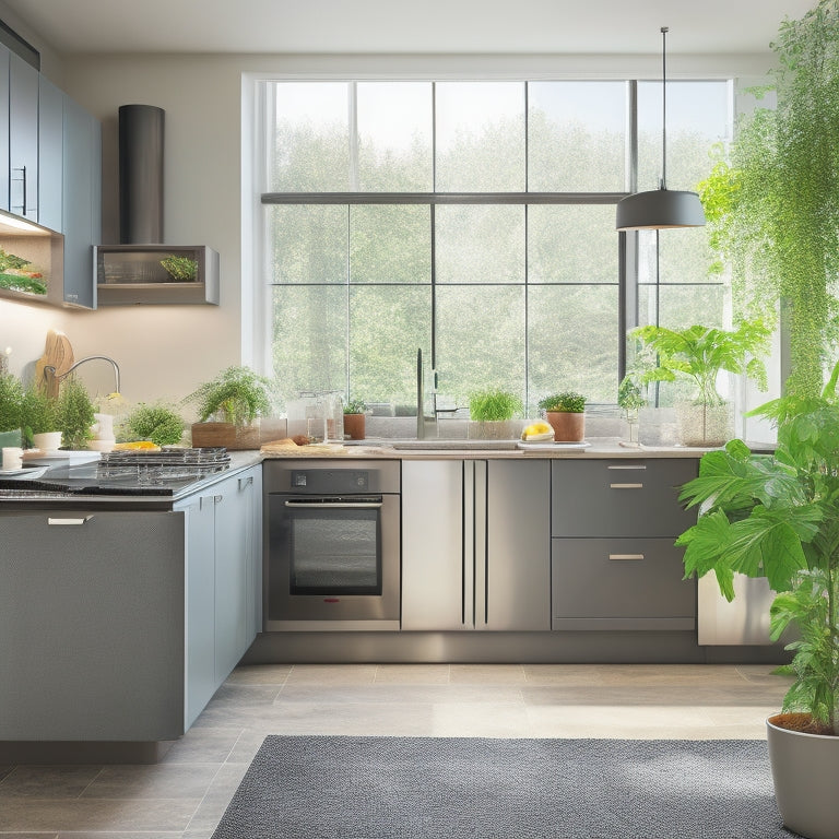 A modern kitchen with sleek, energy-efficient appliances, sunlight streaming through large windows, fresh herbs on the counter, and recycling bins nearby, highlighting a harmonious blend of technology and sustainability in a cozy home setting.