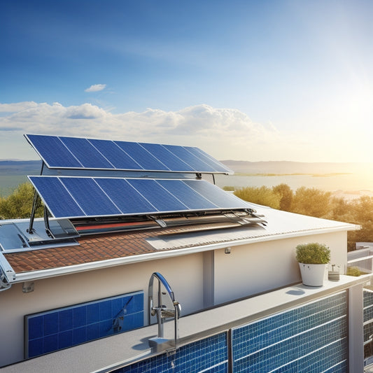 An illustration of a modern residential rooftop with solar panels installed, alongside a toolbox, a ladder, and a blueprint, set against a bright blue sky with fluffy white clouds.