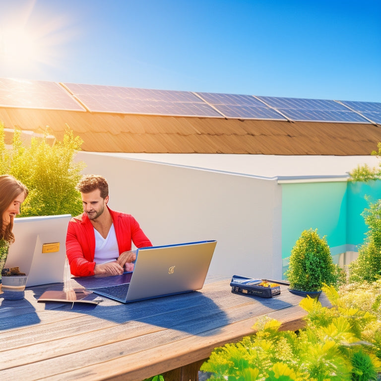 A sunny rooftop adorned with gleaming solar panels, a laptop displaying a warranty registration page, and a person happily typing, surrounded by lush greenery and a bright blue sky.