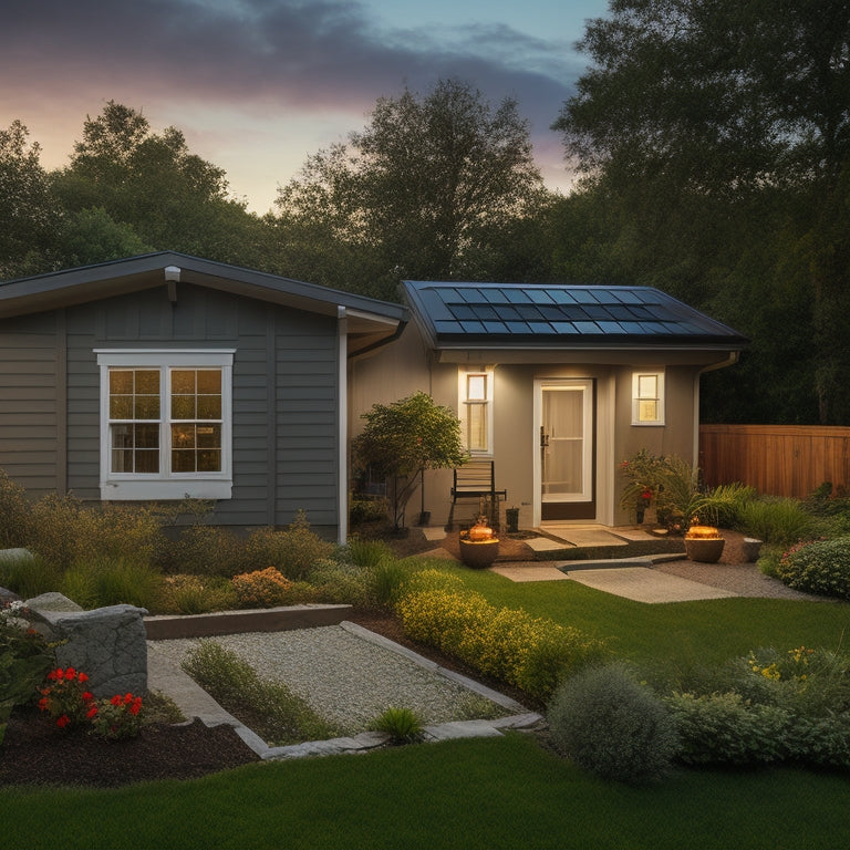 A serene backyard with a modest single-story house, rooftop solar panels, and a small shed housing a battery bank, surrounded by lush greenery and a few solar-powered outdoor lights.