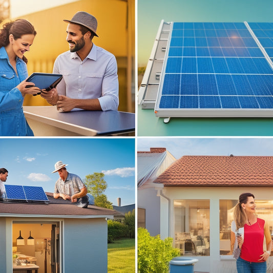 A split-screen image featuring three distinct scenes: a sunny rooftop with solar panels, a local storefront with a "Solar Panels" sign, and a happy homeowner reviewing a tablet with a solar panel installation diagram.