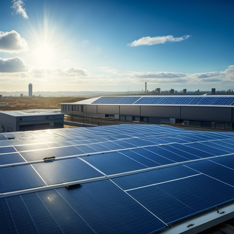 A photorealistic image of a modern industrial building rooftop with sleek, dark-blue solar panels angled at 30 degrees, surrounded by cityscape and clear blue sky with few white clouds.