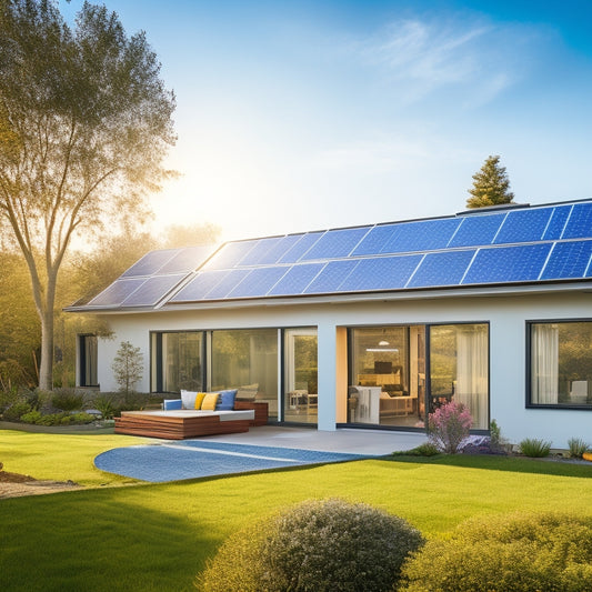 A modern home with solar panels, showcasing various battery storage systems in a vibrant garden, sunlight reflecting off the panels, and a clear blue sky, highlighting energy efficiency and sustainability.