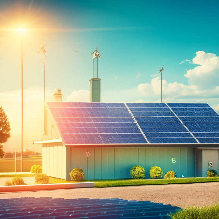 An illustration of a commercial building with solar panels on the roof, surrounded by dollar signs and percentage symbols, with a subtle sun or lightbulb in the background, conveying financial gain and sustainability.