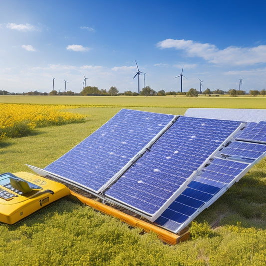 An open notebook with detailed renewable energy loan terms, surrounded by solar panels and wind turbines under a bright blue sky, depicting a calculator and green plants, symbolizing sustainability and financial planning.
