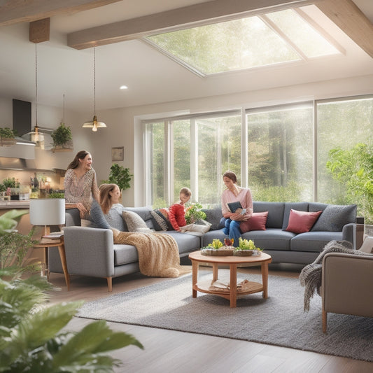 A cozy living room with large windows showcasing natural light, energy-efficient appliances in a modern kitchen, solar panels on the roof, and a family happily engaging in activities, surrounded by indoor plants and soft lighting.