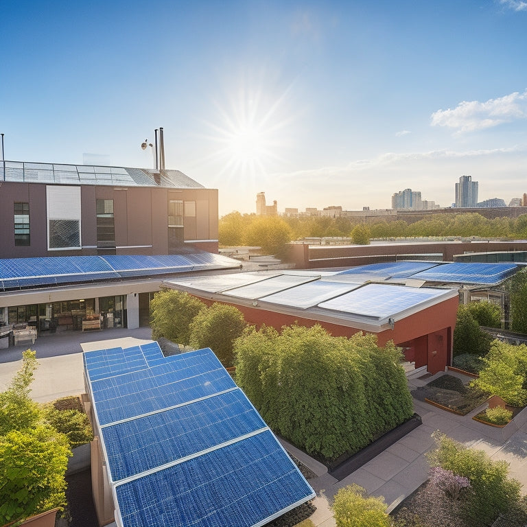 A vibrant rooftop adorned with solar panels glistening under the sun, surrounded by a thriving small business with lush greenery, happy customers, and a clear blue sky, symbolizing sustainability and energy independence.