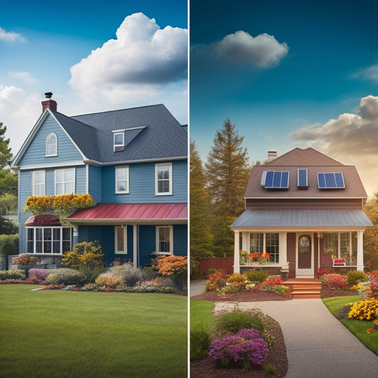 A split-image scene: on one side, a sunny suburban home with solar panels gleaming on the roof and vibrant gardens; on the other, a house with dark clouds, high bills, and a worried homeowner.