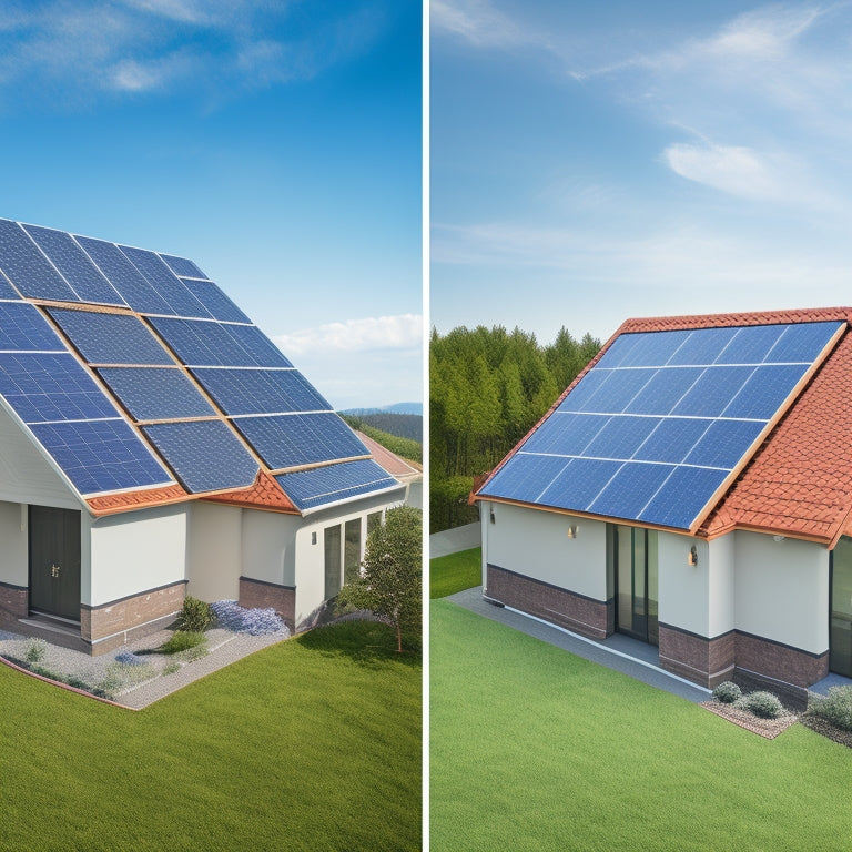 A split-screen image: a roof with solar panels installed correctly (neatly aligned, secure, and parallel to roof edges) alongside a roof with incorrect installation (panels at an angle, overlapping, or hanging over edges).