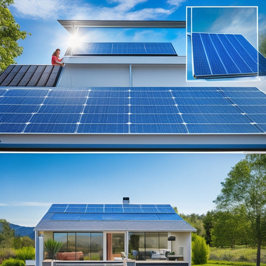 A modern home with sleek rooftop solar panels under a bright blue sky, an online shopping cart filled with solar panels, and a hand holding a magnifying glass inspecting a solar panel closely.