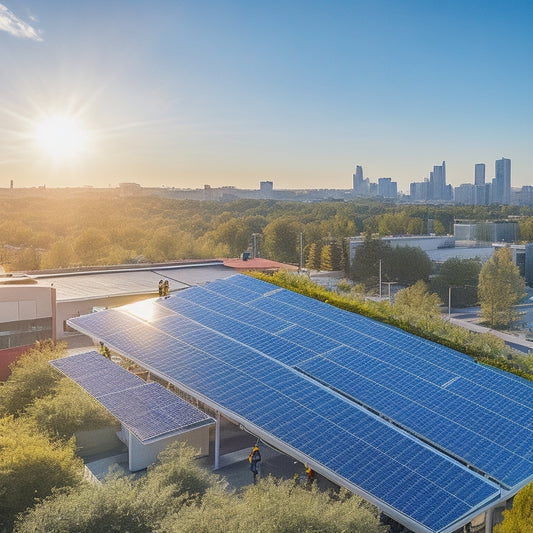 A vibrant rooftop adorned with sleek solar panels, surrounded by greenery and modern eco-friendly buildings. Bright sunlight illuminates the scene, showcasing a bustling sustainable business environment with people engaging in green practices.