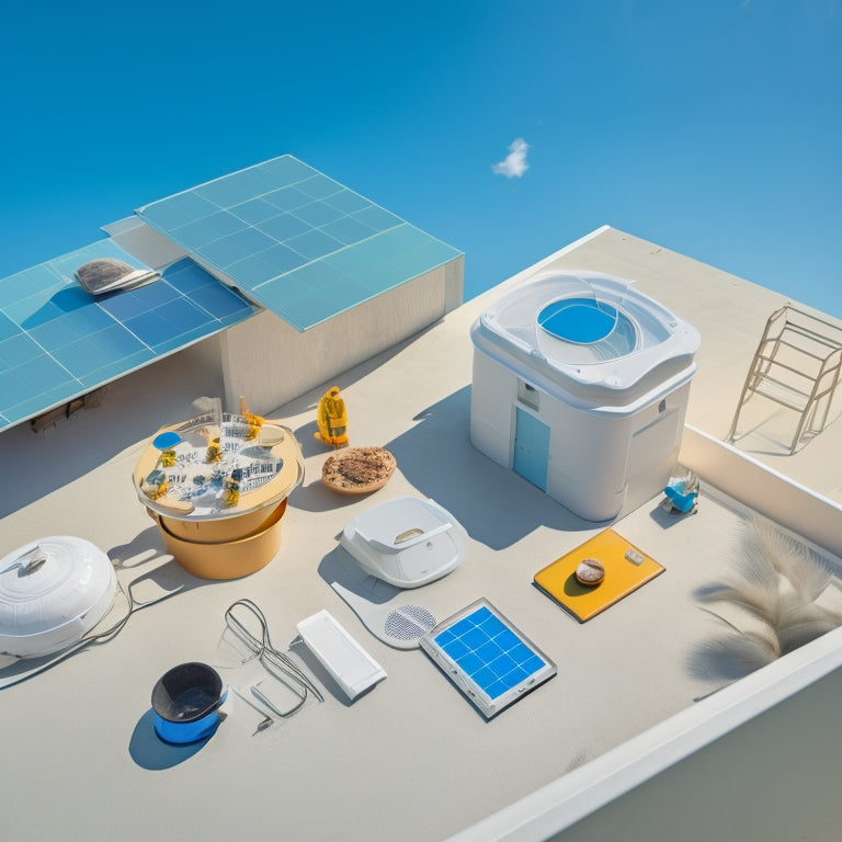 A flat roof with various accessories scattered around, including a drainage outlet, roof hatch, skylight, and solar panels, all set against a bright blue sky with a few white, puffy clouds.