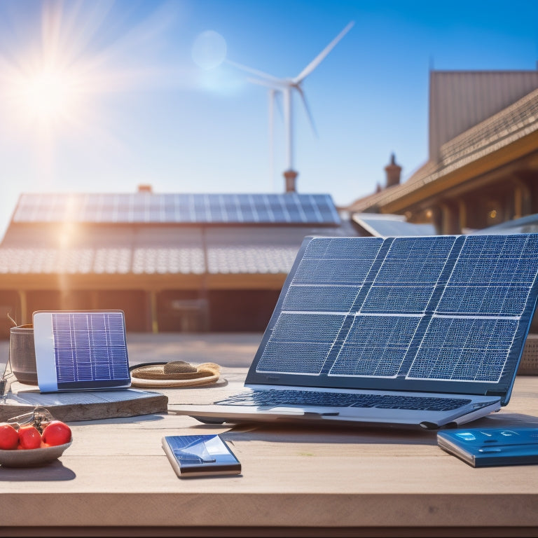 A bright, sunlit scene with solar panels displayed on a sleek laptop screen, surrounded by shopping icons, discount tags, and green energy symbols, all set against a clean, minimalistic background.