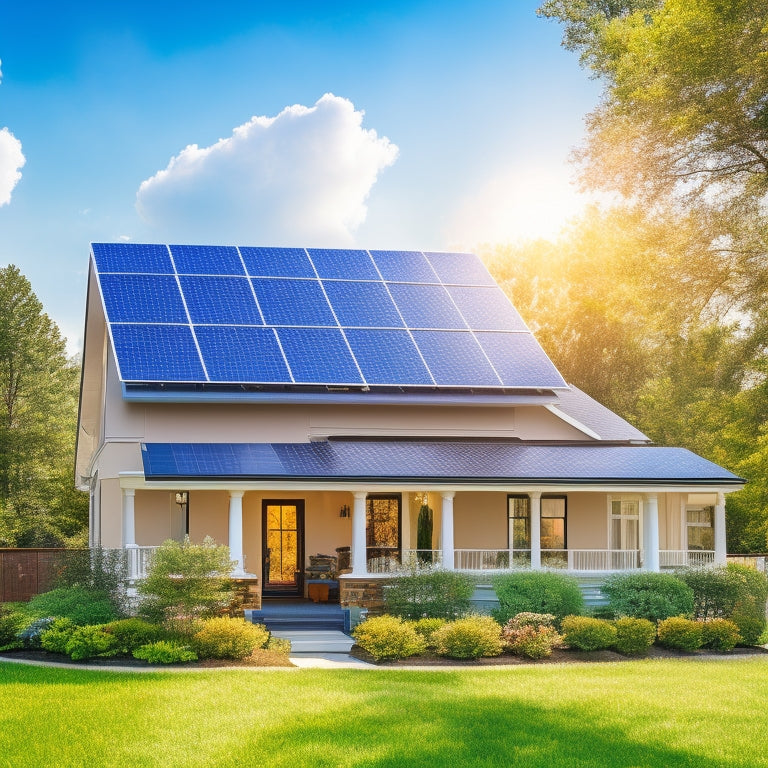 A serene suburban home with a mix of traditional and modern solar panels installed on its roof, surrounded by green trees and a bright blue sky with a few fluffy white clouds.