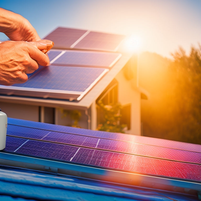 A close-up view of a homeowner inspecting solar panels on a roof, with a checklist on a clipboard, bright sunlight casting shadows, surrounded by lush greenery and a clear blue sky.