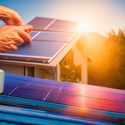 A close-up view of a homeowner inspecting solar panels on a roof, with a checklist on a clipboard, bright sunlight casting shadows, surrounded by lush greenery and a clear blue sky.