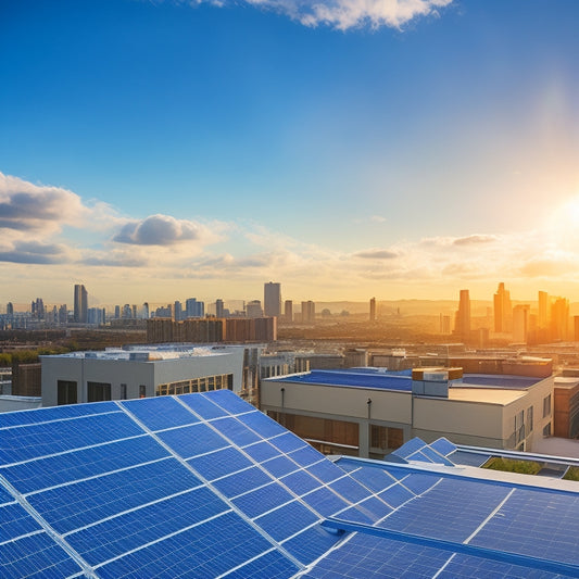 A sunny rooftop with three different types of solar panels installed, each with varying panel sizes and mounting systems, surrounded by cityscape and fluffy white clouds.