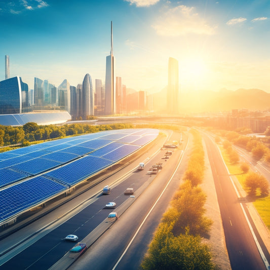 A futuristic cityscape powered by solar panels, with sleek solar farms in the foreground, bright sun rays illuminating green rooftops, and electric vehicles gliding along solar-lit roads, under a clear blue sky.