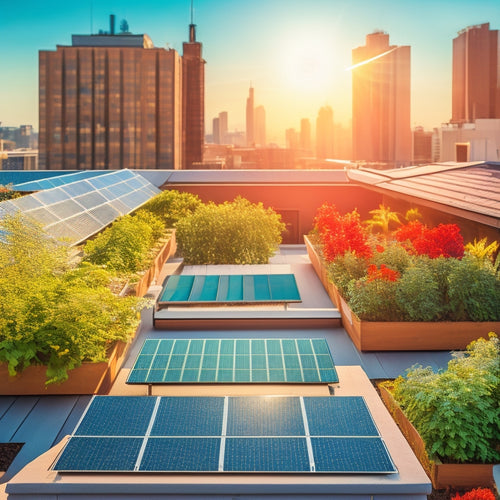 A sun-drenched rooftop adorned with gleaming solar panels, surrounded by vibrant green plants, with a background of a clear blue sky. A soft glow highlights a small stack of money and tax forms nearby.