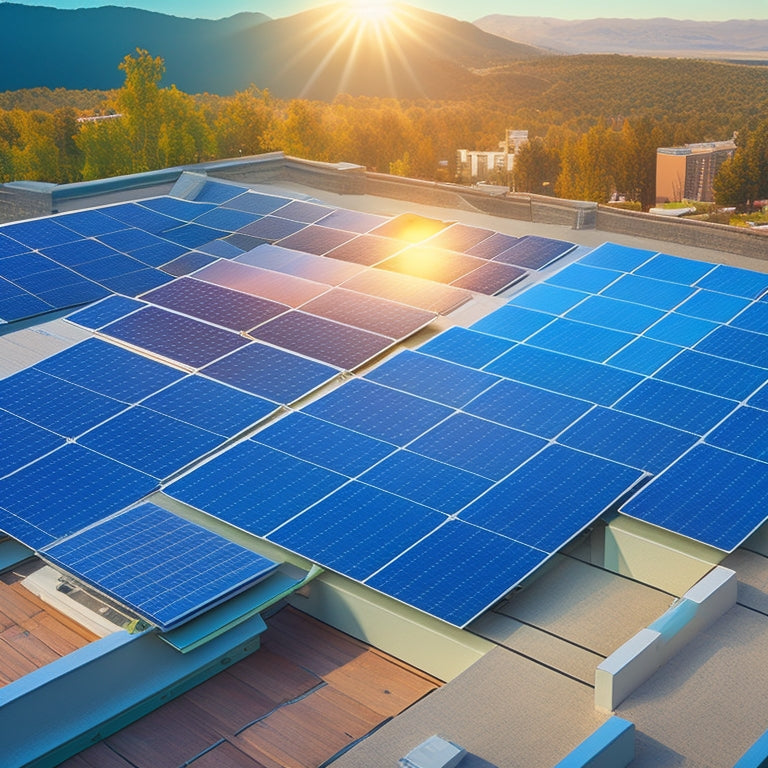 An illustration of a rooftop with multiple solar panels, showcasing monocrystalline, polycrystalline, thin-film, and bifacial panels in various shapes, sizes, and arrangements, surrounded by solar cells and wires.