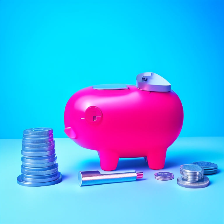 A minimalist illustration of a person holding a piggy bank with a green checkmark above it, surrounded by broken tools and machinery parts with red "X" marks, on a light blue background.