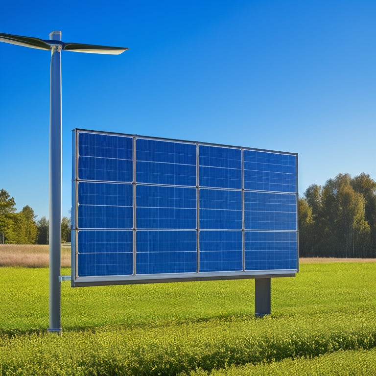 A sleek, modern solar energy monitoring display with vibrant graphs and real-time data, surrounded by solar panels under a bright blue sky, showcasing efficiency and sustainability in a clean, green environment.