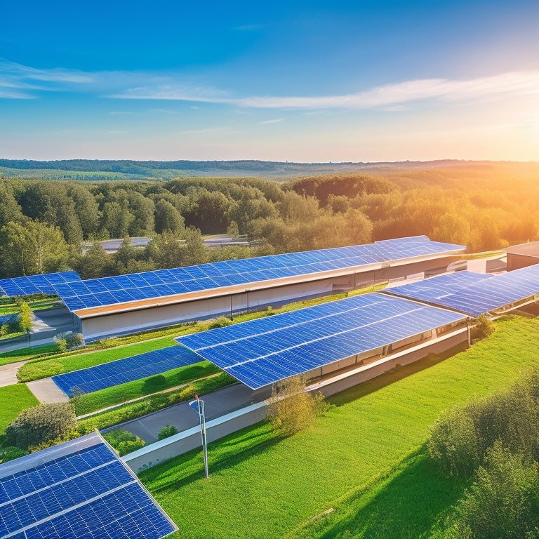 A vibrant solar farm with gleaming solar panels under a blue sky, surrounded by lush greenery. In the foreground, a modern office building with green roofs and electric cars charging, symbolizing eco-friendly corporate practices.