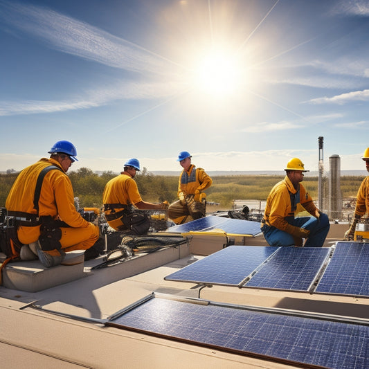 A serene rooftop scene showcasing a diverse team of technicians carefully installing solar panels under a clear blue sky, with tools, safety gear, and a picturesque landscape in the background, emphasizing collaboration and sustainability.